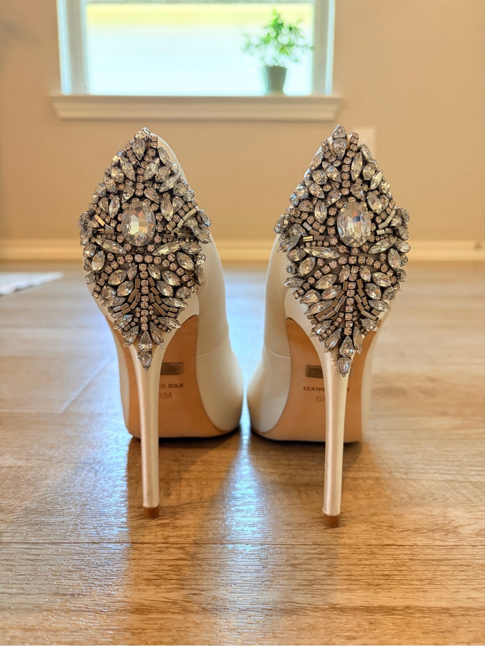 Badgley Mischka Ivory Satin Crystal-Embellished Peep-Toe Heels